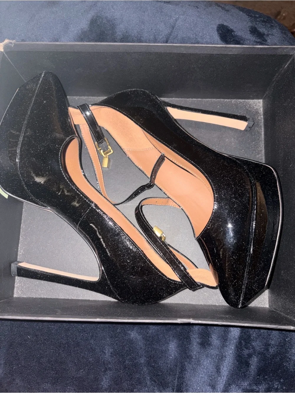 Kurt Geiger Black Patent Platform Stiletto with Ankle Strap